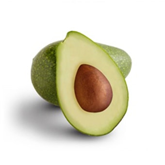 Halved Bacon avocado with a brown seed on a white background